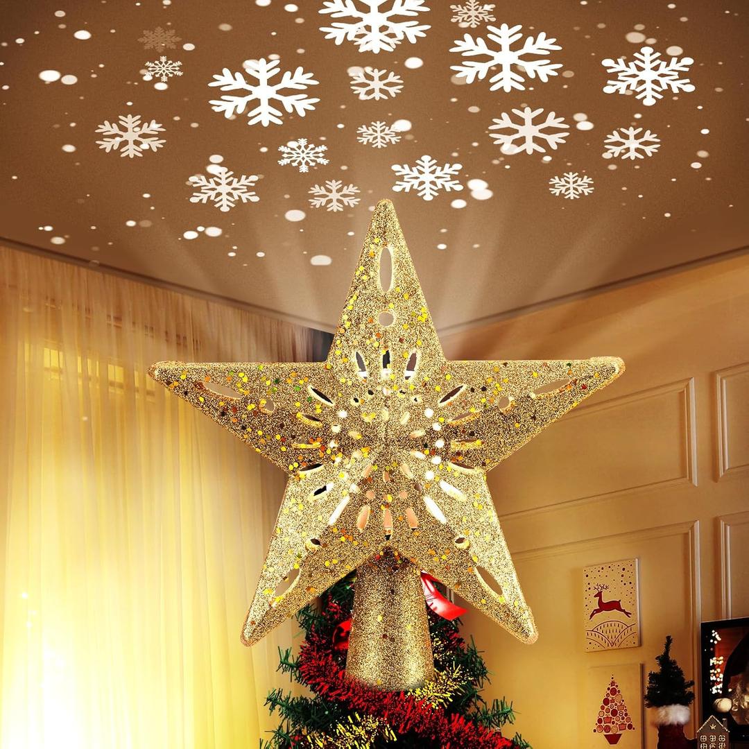 Christmas Star Tree Topper with Built-in Led Snowflake Projector Lights Hollowed Pentagram Tree Topper, Plug in Christmas Tree Ornament for Indoor Office Xmas New Year Holiday Tree Decoration