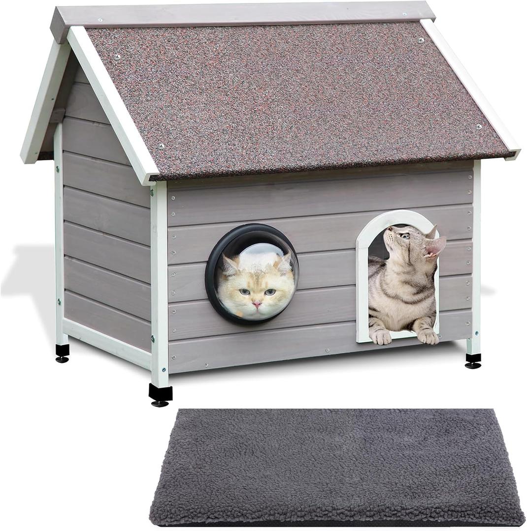 Rockever Outdoor Cat House, Waterproof Feral Cat House for Outdoor Cats with Escape Door and Clear Windows for 2 Cats(with Self Warming Mat)