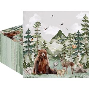 80Pcs Woodland Paper Napkins Forest Boy Adventure Disposable Napkins Wild Animals Printed Decorative Napkins for Party Supplies Table Decor