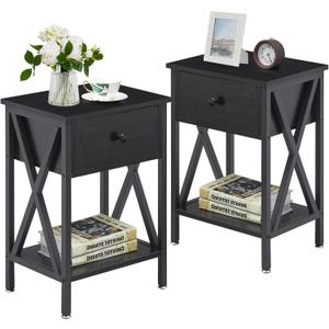 VECELO End Tables, Modern Nightstand with Drawer & Shelf, Night Stand for Bedroom Living Room, Industrial Metal Frame, Black