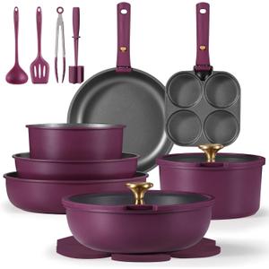 CAROTE 21pcs Pots and Pans Set, Nonstick Cookware Set Detachable Handle, Induction Kitchen Cookware Sets Non Stick with Removable Handle, RV Cookware Set, Gold and Purple (Ultra Violeta)