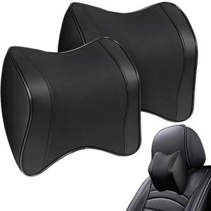 OMISTAR 2 Pcs Car Neck Pillow, Faux Leather Car Headrest Pillow, Memory Foam Neck Pillow for Car, Breathable Design, Adjustable Strap, Universal Fit, 8.7 x 8.5 x 3.5 in