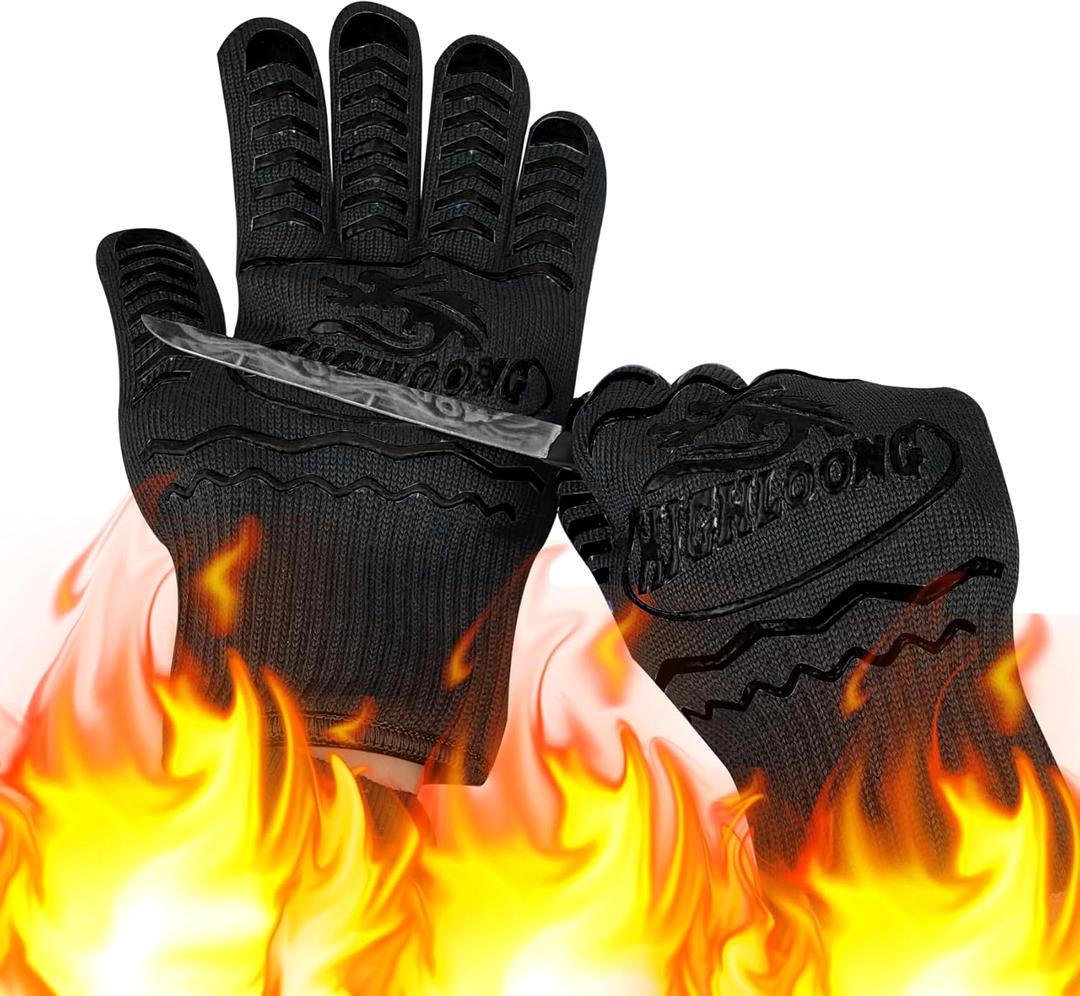 1472F Extreme Heat Resistant Gloves for Grill BBQ, Oven Gloves for Cooking, Grilling, Baking, and Camping  Oven Mitts with Fingers for Kitchen, Smoker, Cast Iron, Fire Pit, Pizza, Fryer, Barbecue (Black With Gray Silicone Strips)
