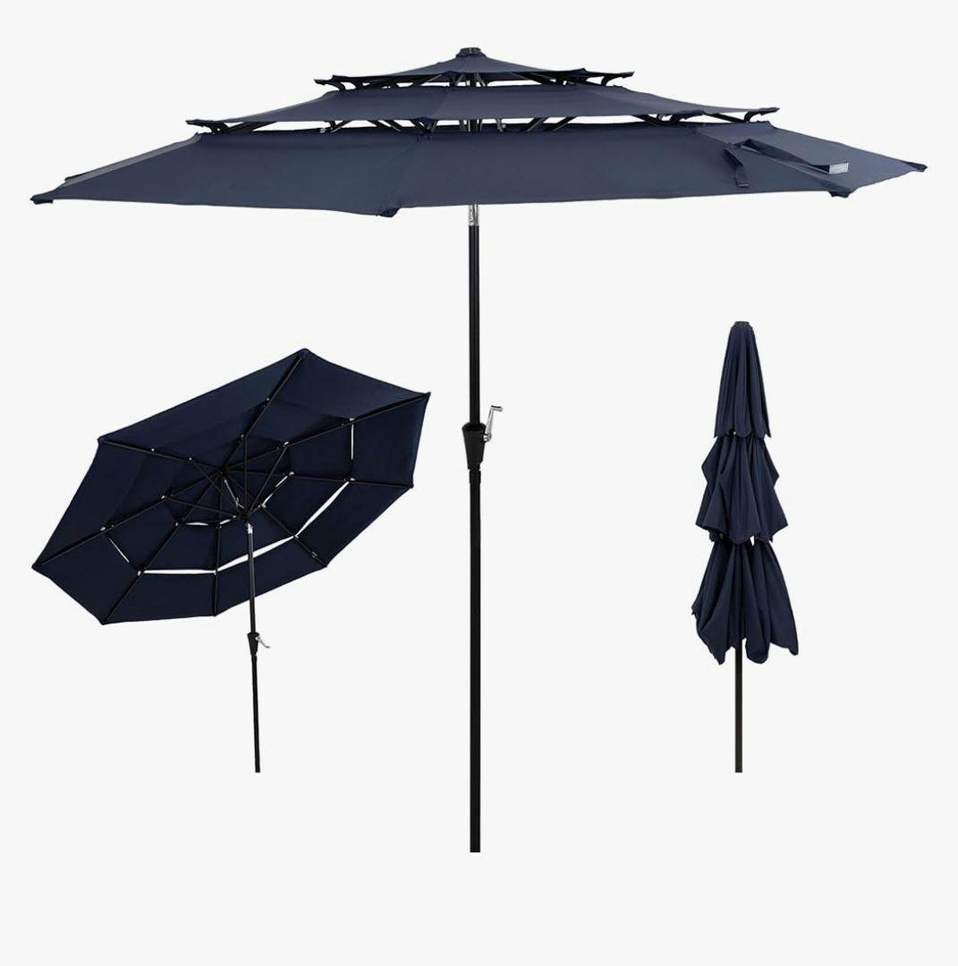 Sunnydaze 10 ft Outdoor Patio Umbrella with Tilt and Crank - 3-Tier Vented Outdoor Table Umbrella - Navy Blue, Without lights