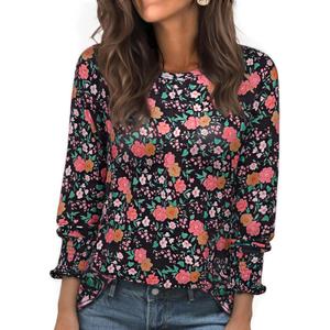 Long Sleeve Shirts for Women 2026 Spring Dressy Casual Blouses Pleated Crewneck Tunic Tops for Leggings Cute Tee (XXL)