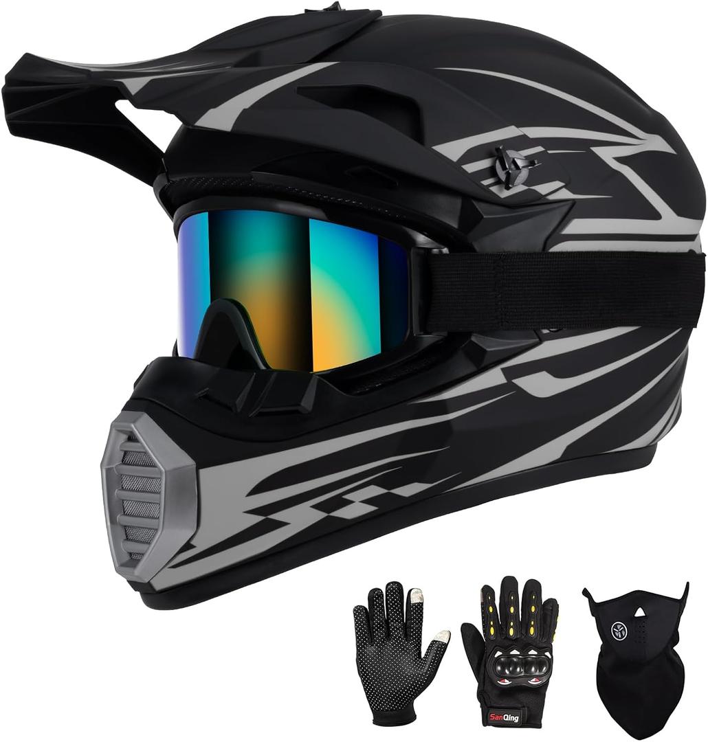 Youth Kids Motocross Helmet DOT Approved, Adult ATV Dirt Bike Off-Road Full Face Motorcycle Helmet with Goggles Gloves Mask for Boys Girls,Lightweight Breathable for Riding (Gray, X-Large)