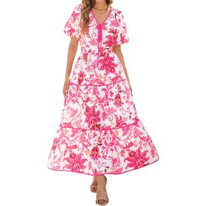 PRETTYGARDEN Women Summer Boho Maxi Dresses 2025 V Neck Puff Short Sleeve A-Line Flowy Tiered Floral Wedding Guest Dress (Pink, M)