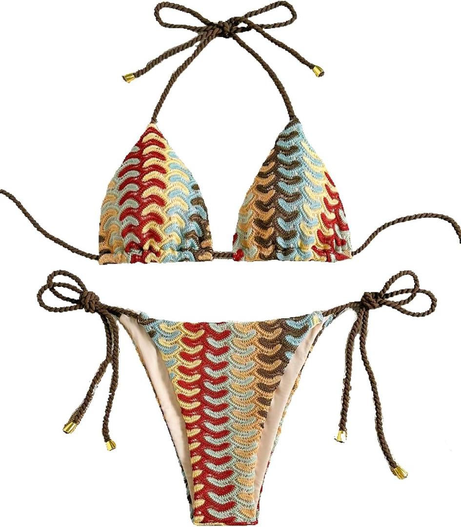 ZAFUL 2 Piece Triangle Bikini for Women Knitted Rope Halter Bikini Sets Sexy Bathing Suit Side Tie Swimsuits Beachwear (Large, 4-bronze)