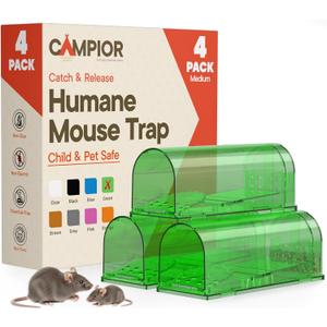 Humane Mouse Trap Pack of 4, Live Mouse Traps Catch and Release for Indoors & Outdoors, Pet & Child Safe, 6.69" Reusable Plastic Mouse Cage with Spring Door, Cleaning Brush Included, Green