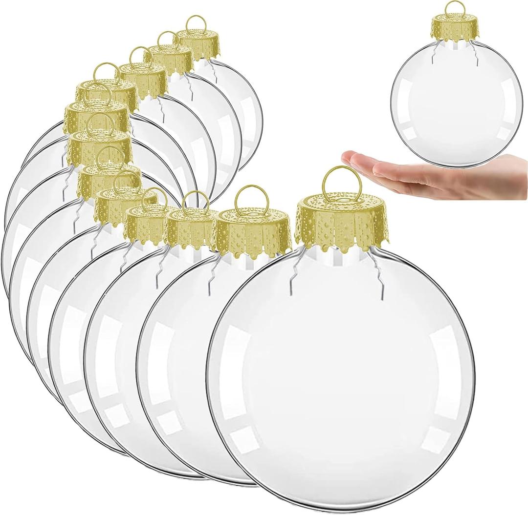 3.15 inch Clear Ornaments, Christmas Balls, Plastic Fillable Ornament Ball, Clear Ornaments for Crafts Fillable - 12 PCS (Gold)