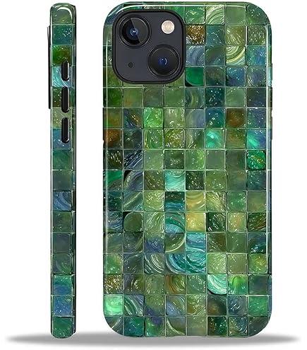 Case for iPhone 15 Pro Case,Green Toned Glass Mosaic Patten Design - Hybrid Dual Protection Silicone + Hard PC Shockproof Full Body Cover Slim Anti-Scratch Protective Case for Men Women