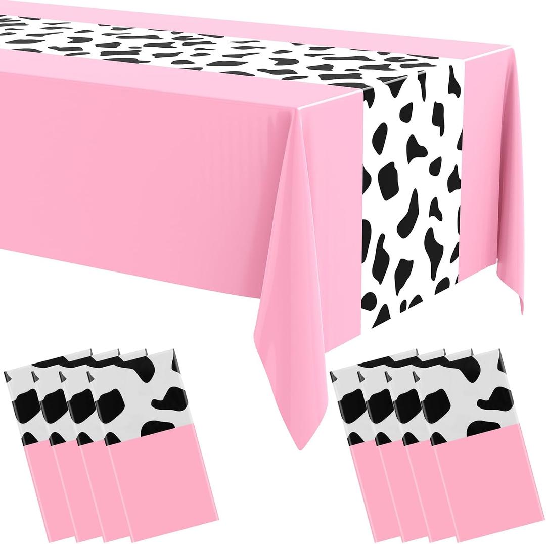 Remagr 8 Pcs 54 x 108 Inch Cow Print Tablecloth Party Decor Western Table Runner Cowboy Cowgirl Plastic Rustic Disco Table Cover Highland My First Rodeo Baby Shower Farm Holiday (Pink)