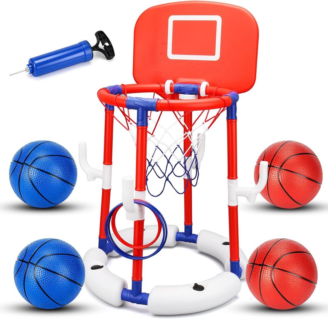 Pool Basketball Hoop Floating with Water-Fillable Stable Base, 2-in-1 Basketball & Ring Toss Pool Toy for Kids Ages 3+, Includes 4 Balls, 6 Rings & Pump, Summer Pool Party Gift