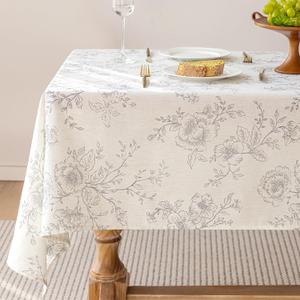 55 x 72 inch Floral Linen Tablecloth Wrinkle Resistant Vintage Farmhouse Tablecloth 6 FT Gray Pattern Printed on Cream Table Cloth Rectangle Cottage Burlap Fabric Table Cover Home Decor Holiday