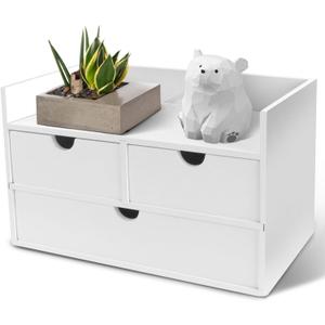 Charmewooden Bamboo Desk Organizer 3 Drawer with Shelf, Countertop Organizer with Drawers Makeup Storage Drawer 3 Drawers Tabletop Storage Organization Box Home Office Workspace（White）