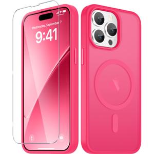 YENAPOON for iPhone 15 Pro Max Case, Matte Magnetic Phone Cover With 1 Screen Protector Support for MagSafe Shockproof Military Grade Protection Translucent Frosted Back, Pink