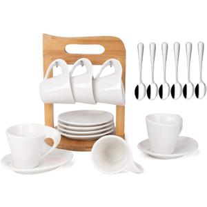 Espresso Coffee Cup Set of 6, Ceramic Coffee Tea Cup Set 2.5oz with Holder and Saucer Service, Turkish Coffee Cup for Home Office Tea Coffee, White