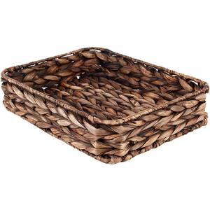 Water Hyacinth Woven Serving Tray Rectangular Hand-Woven Wicker Storage Trays for Coffee/Breakfast/Dessert/Fruit/Bread (Brown-Large)