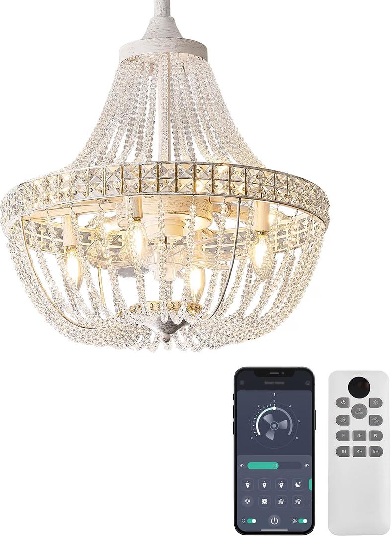 20“ Crystal Chandelier Ceiling Fan with Lights, (Retro White)