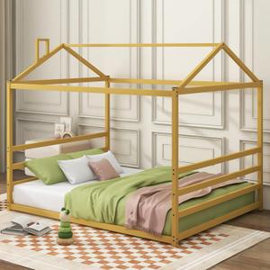 Merax Queen Size Metal House Bed with Roof, Floor Beds with Sturdy Steel Bedframe for Boys and Girls, No Box Spring Needed, Gold