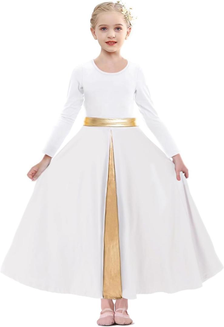Girls Long Sleeve Praise Dance Dress Swing Skirt Liturgical Worship Costume Church Robe Dancewear (White) 7-8 Years