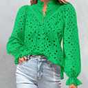 PRETTYGARDEN Women's Dressy Casual Blouse Tops Fall Spring Puff Long Sleeve Button V Neck Hollow Out Lace Embroidered Shirts (Green, S)