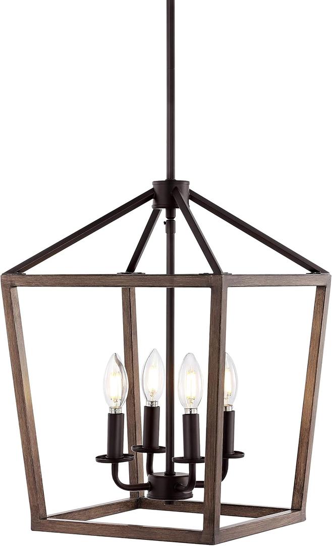 JONATHAN Y 13" Oil Rubbed Bronze/Faux Wood 4-Light Farmhouse Lantern Pendant Light, LED Cage Chandelier for Kitchen Island, Foyer, Entry, Metal Wood Finish Shade, Bulbs Included (JYL1322A)