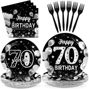 Grencian 96 Pcs 70th Birthday Supplies Silver Black 70th Birthday Party Plates Disposable Sweet 70 Seventy Years Old Decorations Paper Tableware for Men Party Supplies Serves 24