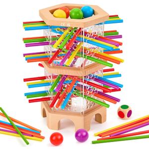 Montessori Wooden Board Game, 42 Colorful Sticks Dice Games for Kids 3 4 5 6 Years, Math Learning Toys Fine Motor Skills & Counting Educational Toy, Family Travel Game Birthday Gifts for Boys Girls