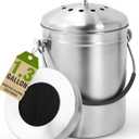 Countertop Compost Bin Kitchen with Lid and 2 Charcoal Filter for Odorless Composting | Stainless Steel Kitchen Composter with Soft-Grip Handle (Silver, 1.3 Gallon)