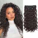 QGZ Curly Clip in Hair Extensions 4PCS Yaki Texture Synthetic Lace Weft Hair Extensions for Women(18inch,Dark Brown)