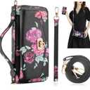 Crossbody Wallet Case for iPhone 16 Pro Max, Magnetic Detachable Floral PU Leather Phone Case with RFID Blocking Card Holder Wristlet Mirror Flip Zipper Shoulder Purse for Women - Black F