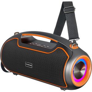 Portable Bluetooth Speakers Wireless Upgrade, 200W Peak Loud Sound/Deep Bass for Party, IP65 Waterproof Outdoor Speaker w/ 2*Subwoofer/2*Tweeter/DSP/Bass Boost/TWS/TF/USB/AUX, 24H Playtime (Black - Orange)