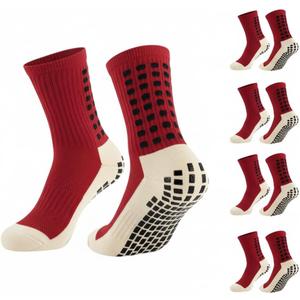 Aimery 4 Pairs Mens Grip Soccer Socks Non Slip Grippy Women Socks for Football Basketball Sports (Red)