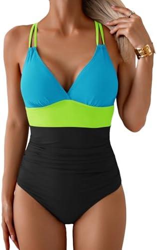Aidonger Women's One Piece Color Block Swimsuit Tummy Control Slimming Bathing Suit V Neck Cutout High Waisted Swimwear XL