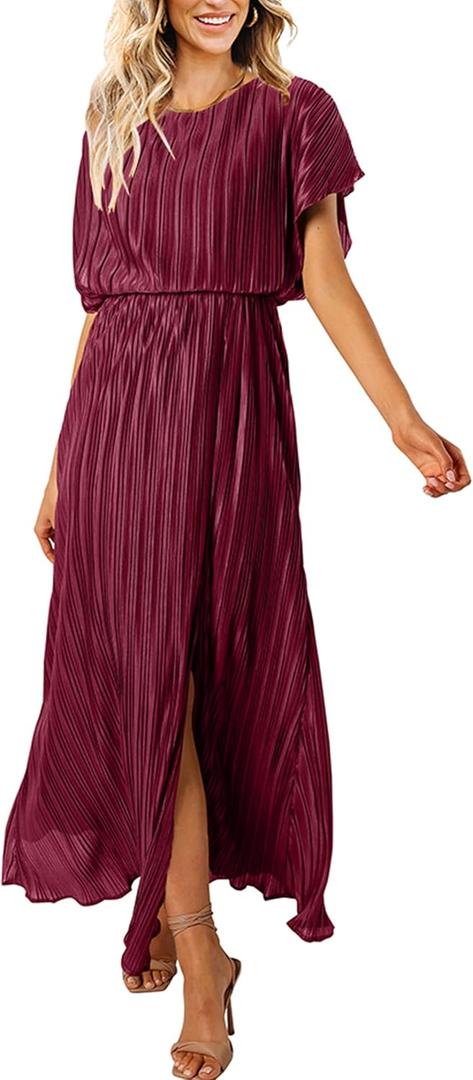 ECOWISH Summer Maxi Dress Women Cocktail Formal Wedding Guest Long Short Sleeve Pleated Dresses Empire Waist Crew Neck Slit (Small, Wine Red)