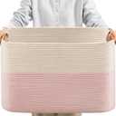 danpinera Large Woven Basket 25*16*16 Rectangle Woven Baskets for Storage, Storage for Living Room, Soft Cotton Rope Basket With Handle, Large Basket for Kids Dog Toys, 108L Pink+White