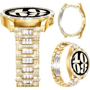 Mosonio Band ONLY Compatible with Samsung Galaxy Watch 6 40mm / 44mm, 20mm Bling Metal Galaxy Watch 6 Band with Bling Protective Cover Case for Women, Bling galaxy watch 6 Replacement Strap for Daily wear (Color & Size Optional (Galaxy Watch 6 44mm, S-Gold)