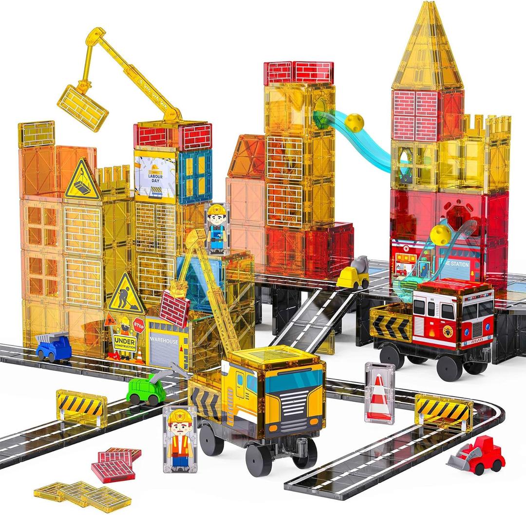 SKTMYY Magnetic Tiles Construction Toys with Road & Crane & Marble Run, Double-Sided Fire Station & Building Magnet Tiles for Kids Ages 4-8, STEM Magnetic Blocks Gifts for 3 4 5 6 7 8 Year Old Boys
