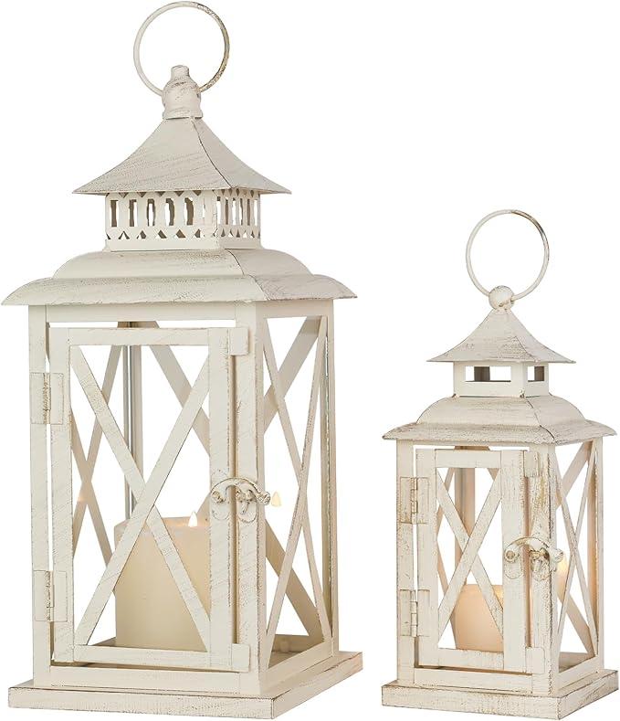 Lanterns Decorative Outdoor&Indoor, Set of 2 (14"&10") Beige Metal Lantern Decor with Glass, Candle Holder for Porch, Patio, Garden, Balcony, Wedding, Table Centerpiece