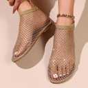 Yoeuxet Ultra Comfortable Mesh Flats for Women Fishnet Sandals Low Heel Slip on Rhinestone Shoes (7, Gold)