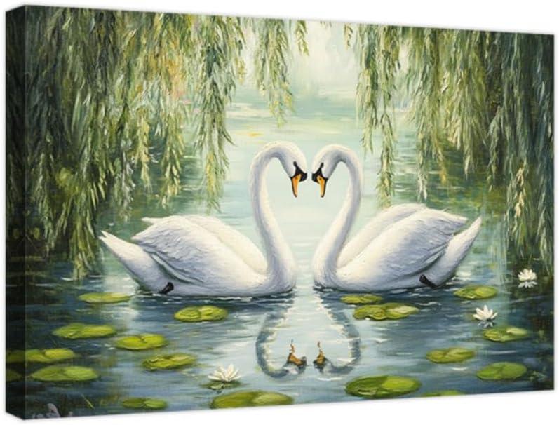 DOARTDO Swan Lake Canvas Wall Art Swan Couple Prints Wall Decor for Bedroom White Swan Painting Romantic Elegant Animals Pictures Two Love Swan Artwork Framed (White, (16.00" x 24.00"))