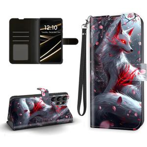 FQSXFIFN Wallet Case for Samsung Galaxy S25 Ultra with Hand Strap, PU Leather Magnetic Closure Folio for Galaxy S25 Ultra Case with Kickstand & Card Holder, Glowing Fox Design Protective Phone Cover