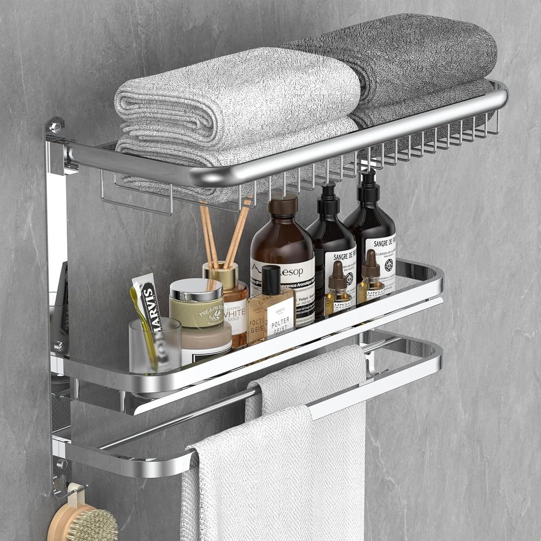 CAXIMSY Foldable 23.22 Inch Rowel Rack Wall Mounted with Bathroom Shower Shelves Stainless Steel Towel Bar Without Drilling and Screw Installation (Silvery)
