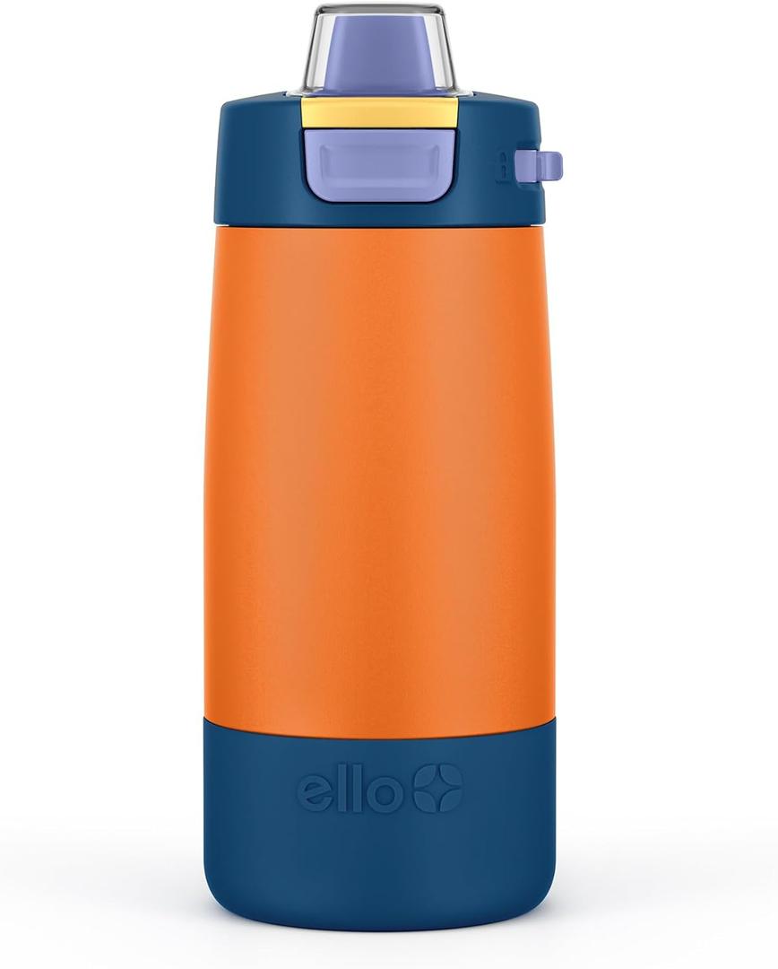 Ello Kids Colby 12oz Stainless Steel Insulated Water Bottle with Straw and Built-In Silicone Coaster Carrying Handle and Leak-Proof Locking Lid for School Backpack, Lunchbox, and Outdoor Sports