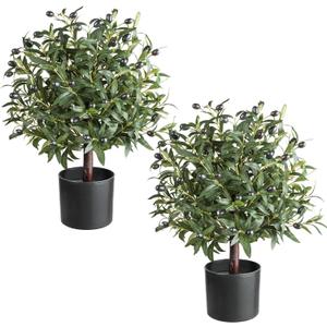 2 x 25" Tall Artificial Olive Topiary Ball Tree Set of 2 Pack, Olive Boxwood Topiary Ball Potted Bushes UV Resistant Potted Plants for Indoor Outdoor Home Garden