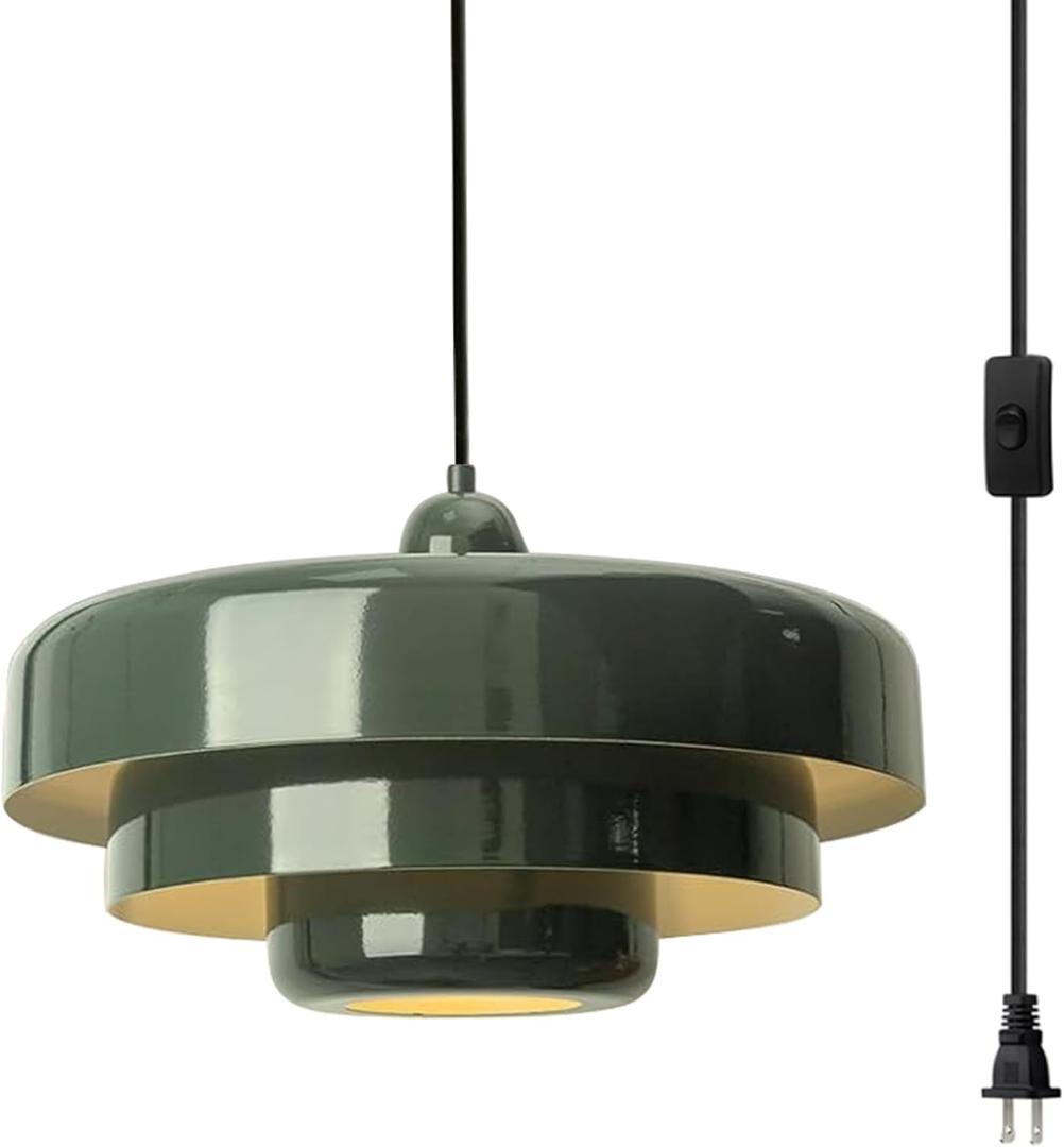 Plug-in Green Pendant Light Fixtures, 16FT Hanging Lights with Plug in Cord 3-Layer Shade Mid Century Modern Hanging Lamp Pendant Lighting for Bedroom Dining Room Living Room