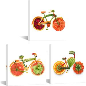 PoGoXiPoYo 3 Panel Kitchen Canvas Wall Art Creative Funny Colorful Vegetable Fruit Bicycle Bike Pictures Wall Decor Food Wall Painting for Dining Room Restaurant Living Room Home 12x12inchx3pcs