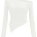 Zenlonr Womens Long Sleeve Shirts Fall Outfits 2025 Off The Shoulder Tops Asymmetrical Fitted Knit T Shirts Going Out Tops (Small)