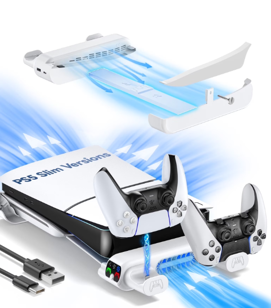 Tokluck PS5 Slim/Pro Horizontal Cooling Stand for Disc & Digital, Dual Controller Charger with 3Level Cooling Fan, PS5 Stand for Pro & Slim Console (NOT Fit 2020 Regular Version)